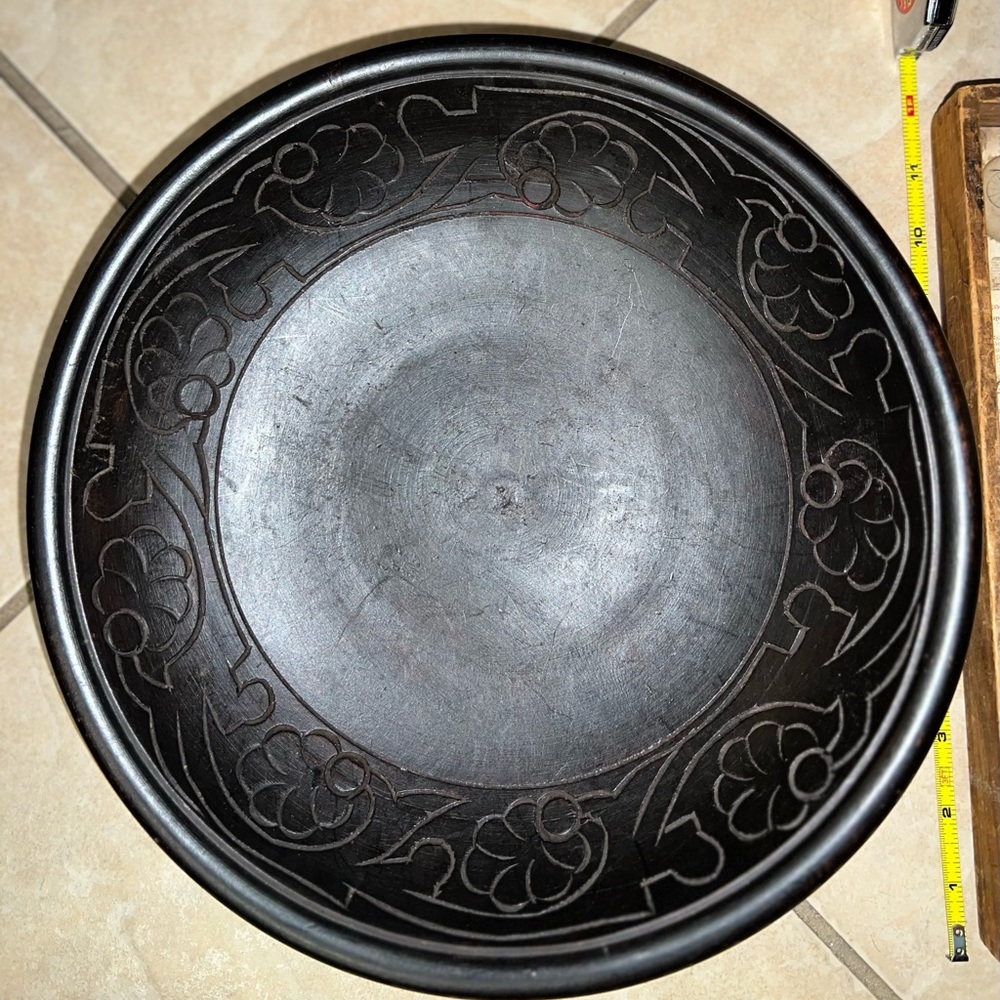 Large 12" decorative carved wooden bowl - made in India